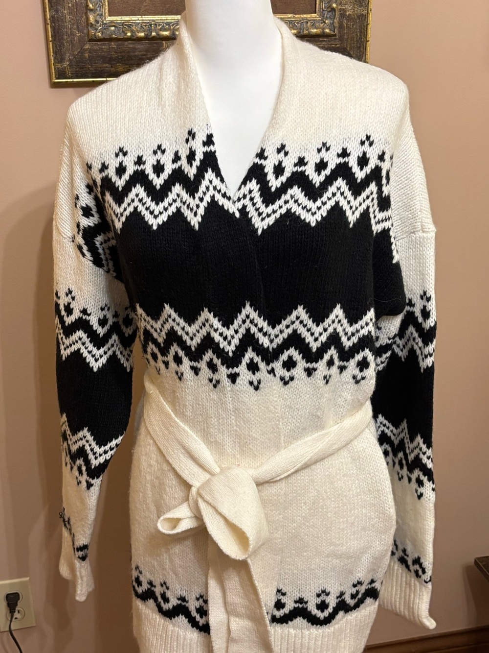 Ann Taylor Cream and Black Fair Isle Belted Cardigan